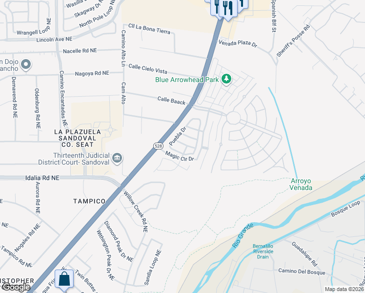 map of restaurants, bars, coffee shops, grocery stores, and more near 1223 San Miguel Street in Bernalillo