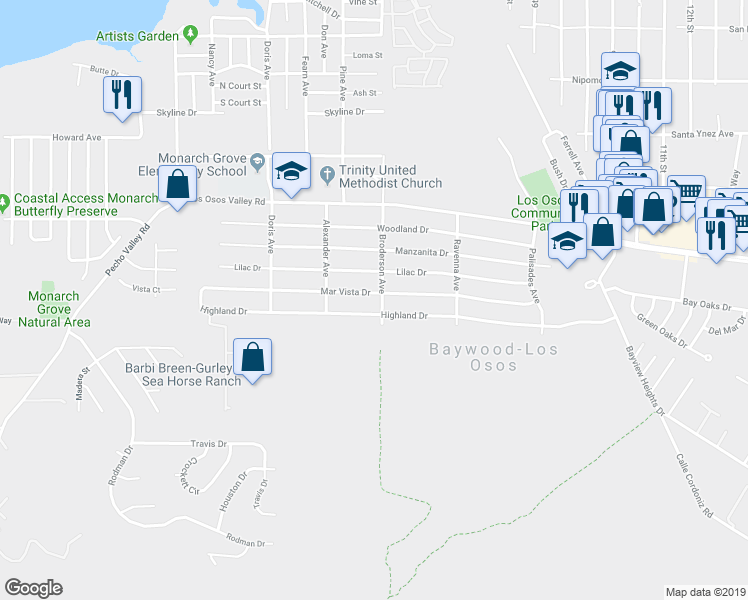 map of restaurants, bars, coffee shops, grocery stores, and more near 589 Mar Vista Drive in Baywood-Los Osos