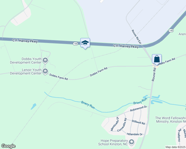 map of restaurants, bars, coffee shops, grocery stores, and more near Dobbs Farm Road in Kinston