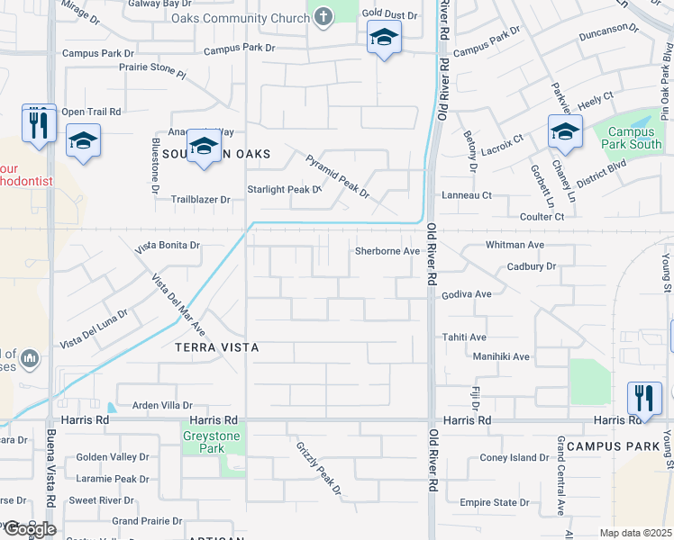 map of restaurants, bars, coffee shops, grocery stores, and more near 10109 Merriweather Drive in Bakersfield
