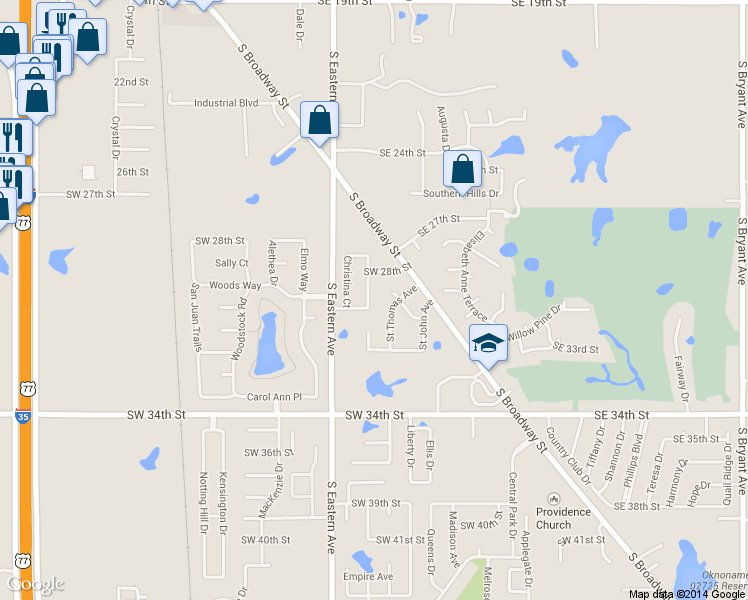 map of restaurants, bars, coffee shops, grocery stores, and more near 2916 Danielle Terrace in Moore