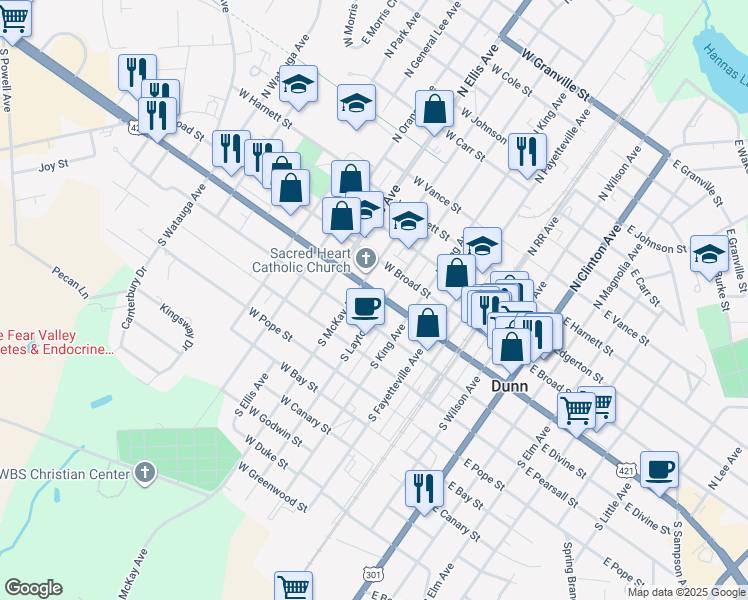 map of restaurants, bars, coffee shops, grocery stores, and more near 408 West Cumberland Street in Dunn