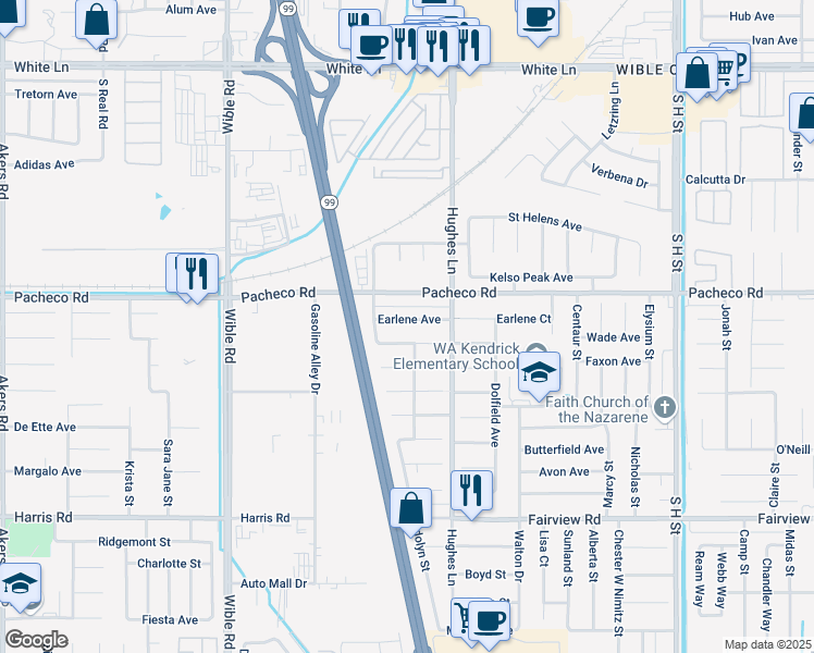 map of restaurants, bars, coffee shops, grocery stores, and more near 2613 Pacheco Road in Bakersfield