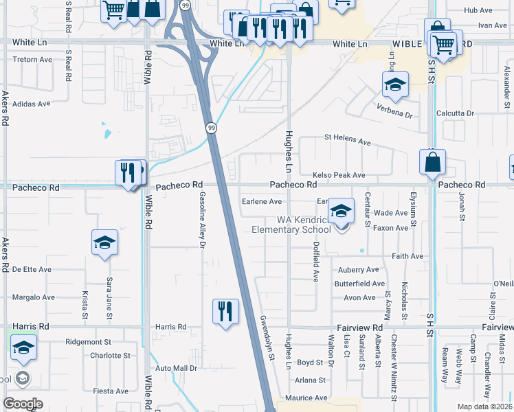 map of restaurants, bars, coffee shops, grocery stores, and more near 2617 Pacheco Road in Bakersfield