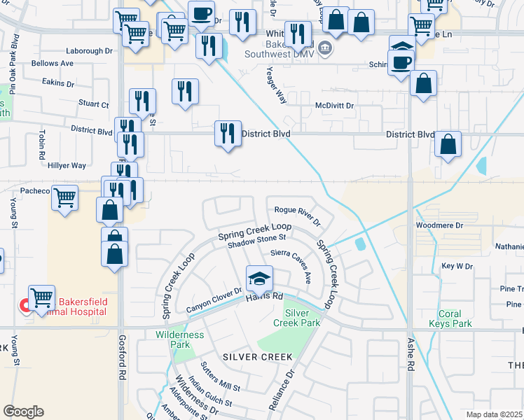 map of restaurants, bars, coffee shops, grocery stores, and more near 4907 Otters Meadow Drive in Bakersfield