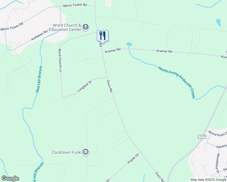 map of restaurants, bars, coffee shops, grocery stores, and more near 2245 Docs Road in Lillington