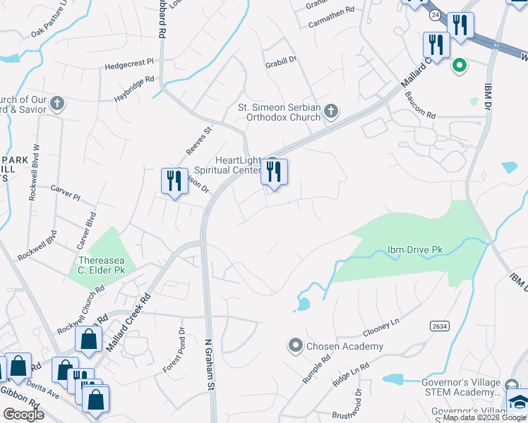 map of restaurants, bars, coffee shops, grocery stores, and more near 7306 Mallard Creek Road in Charlotte