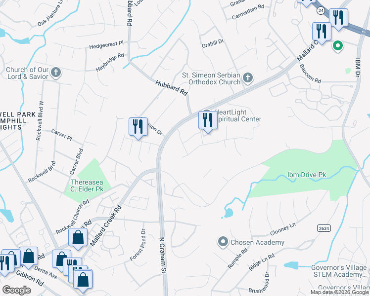 map of restaurants, bars, coffee shops, grocery stores, and more near 7208 Mallard Creek Road in Charlotte