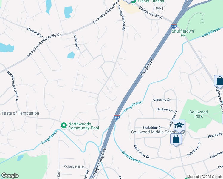map of restaurants, bars, coffee shops, grocery stores, and more near 1701 Emily Hope Drive in Charlotte