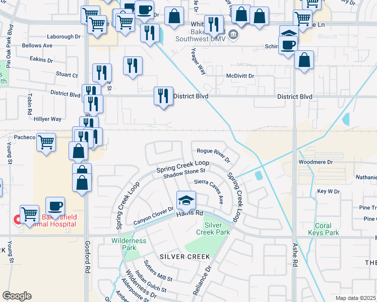 map of restaurants, bars, coffee shops, grocery stores, and more near 4907 Otters Meadow Drive in Bakersfield
