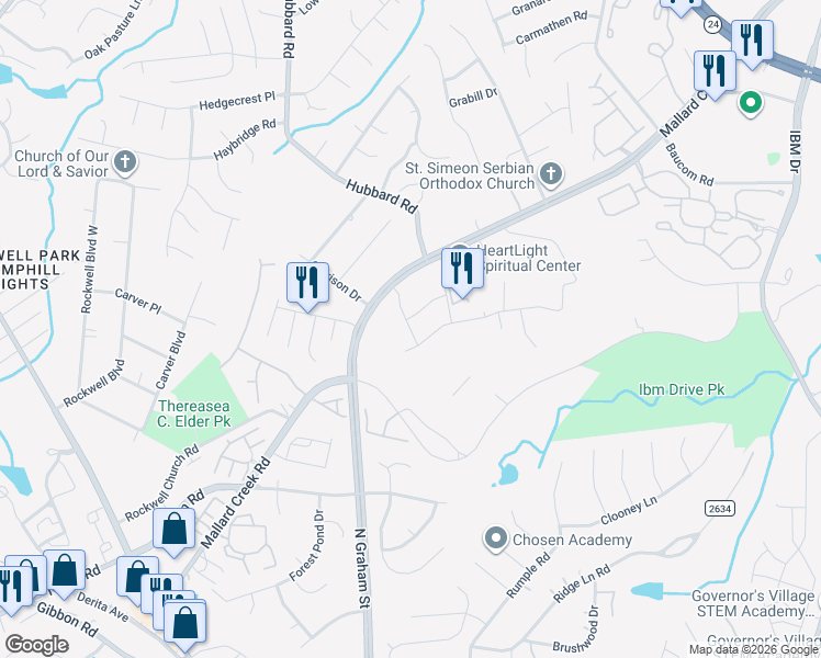 map of restaurants, bars, coffee shops, grocery stores, and more near 7208 Mallard Creek Road in Charlotte