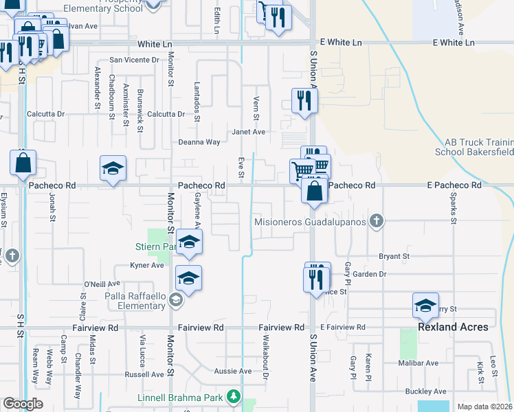 map of restaurants, bars, coffee shops, grocery stores, and more near 499 Pacheco Road in Bakersfield