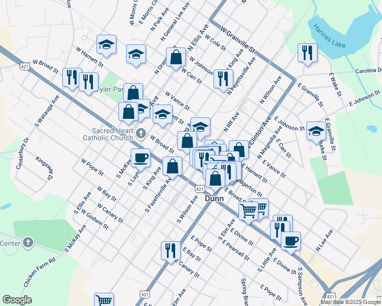 map of restaurants, bars, coffee shops, grocery stores, and more near 106 North Fayetteville Avenue in Dunn