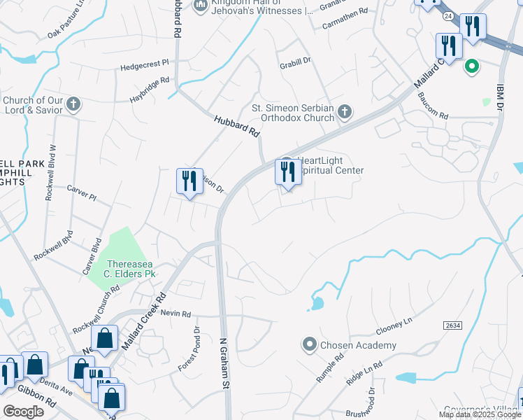 map of restaurants, bars, coffee shops, grocery stores, and more near 7208 Mallard Creek Road in Charlotte