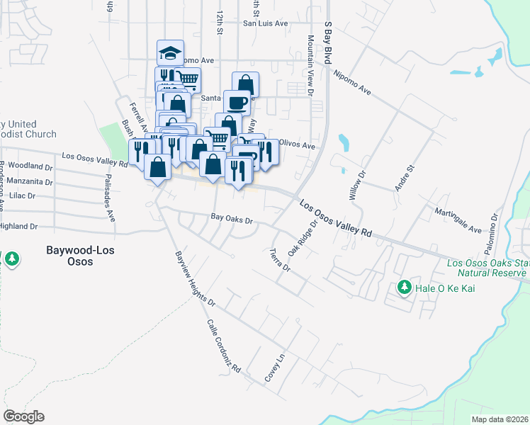 map of restaurants, bars, coffee shops, grocery stores, and more near 1301 Los Osos Valley Road in Baywood-Los Osos