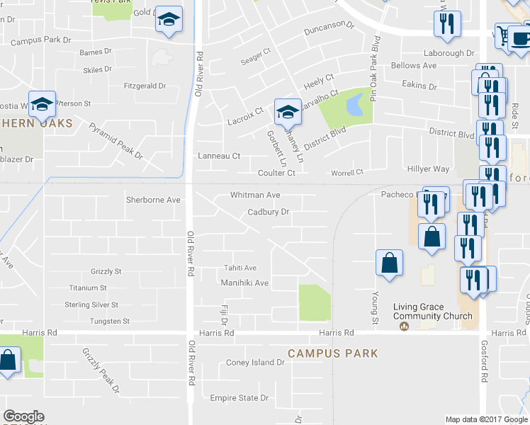 map of restaurants, bars, coffee shops, grocery stores, and more near 9320 Cadbury Drive in Bakersfield