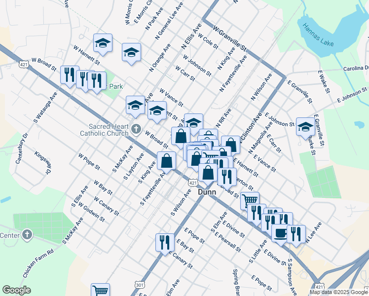 map of restaurants, bars, coffee shops, grocery stores, and more near 106 North Fayetteville Avenue in Dunn