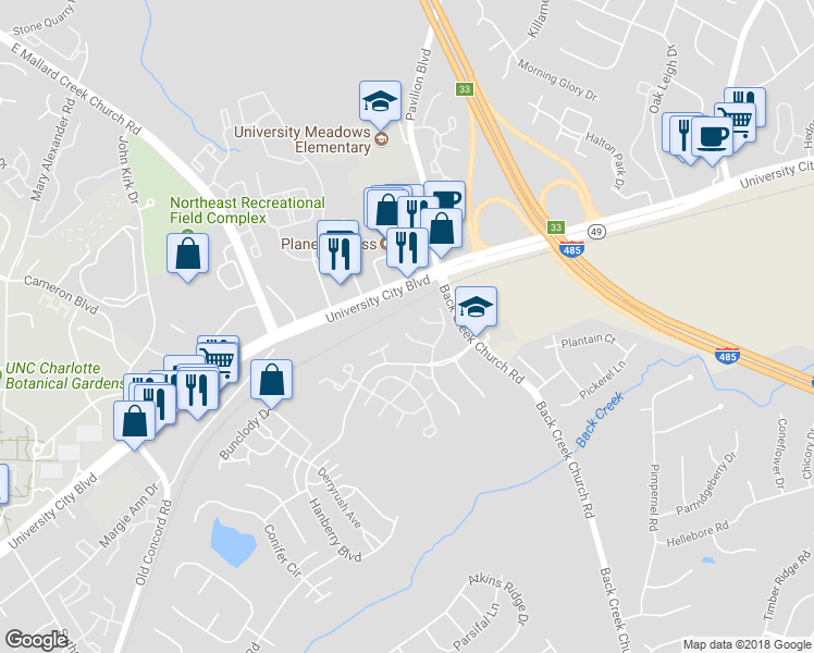 map of restaurants, bars, coffee shops, grocery stores, and more near 8301 Forest Side Lane in Charlotte