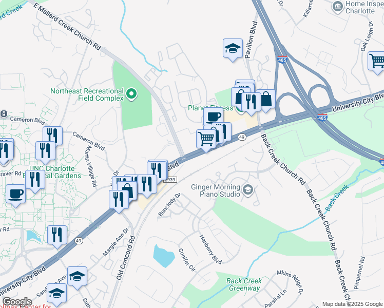 map of restaurants, bars, coffee shops, grocery stores, and more near 1725 Marlynn Drive in Charlotte