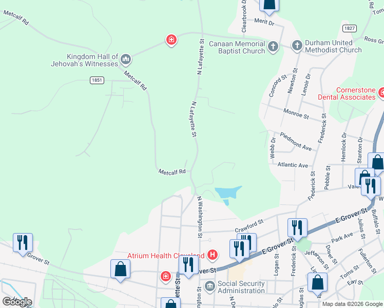 map of restaurants, bars, coffee shops, grocery stores, and more near 1209 North Lafayette Street in Shelby
