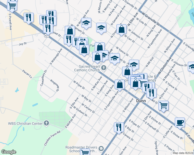 map of restaurants, bars, coffee shops, grocery stores, and more near 210 South McKay Avenue in Dunn