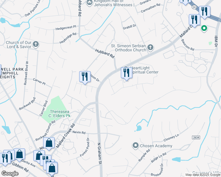 map of restaurants, bars, coffee shops, grocery stores, and more near 7208 Mallard Creek Road in Charlotte