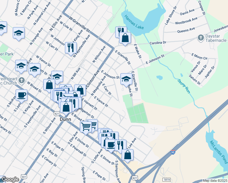 map of restaurants, bars, coffee shops, grocery stores, and more near 513 East Townsend Street in Dunn
