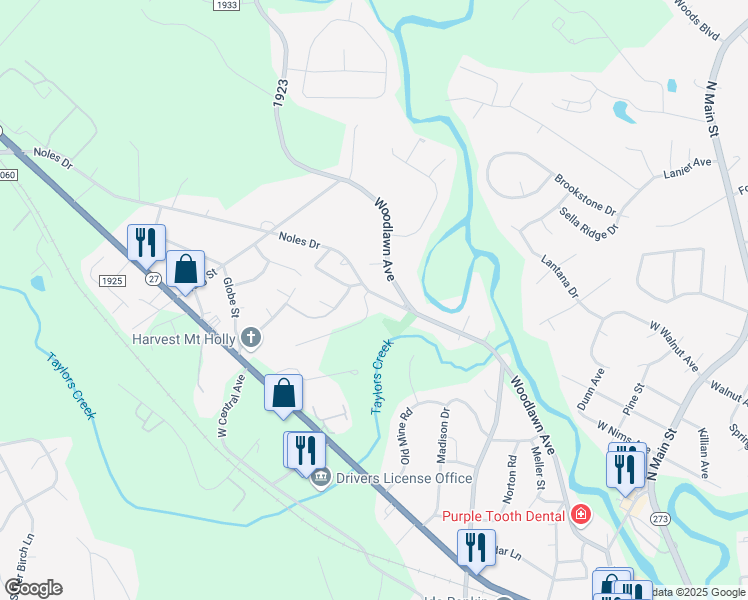 map of restaurants, bars, coffee shops, grocery stores, and more near 635 Noles Drive in Mount Holly