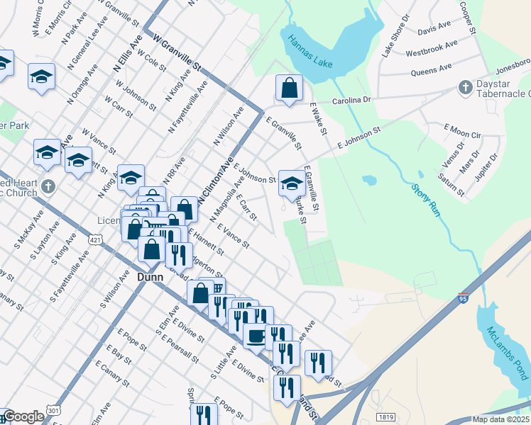 map of restaurants, bars, coffee shops, grocery stores, and more near 513 East Townsend Street in Dunn