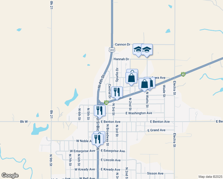 map of restaurants, bars, coffee shops, grocery stores, and more near 305 Spurlin Drive in Sayre