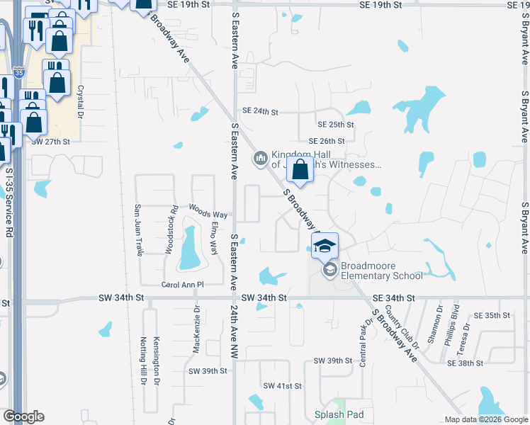 map of restaurants, bars, coffee shops, grocery stores, and more near 2912 Danielle Terrace in Moore