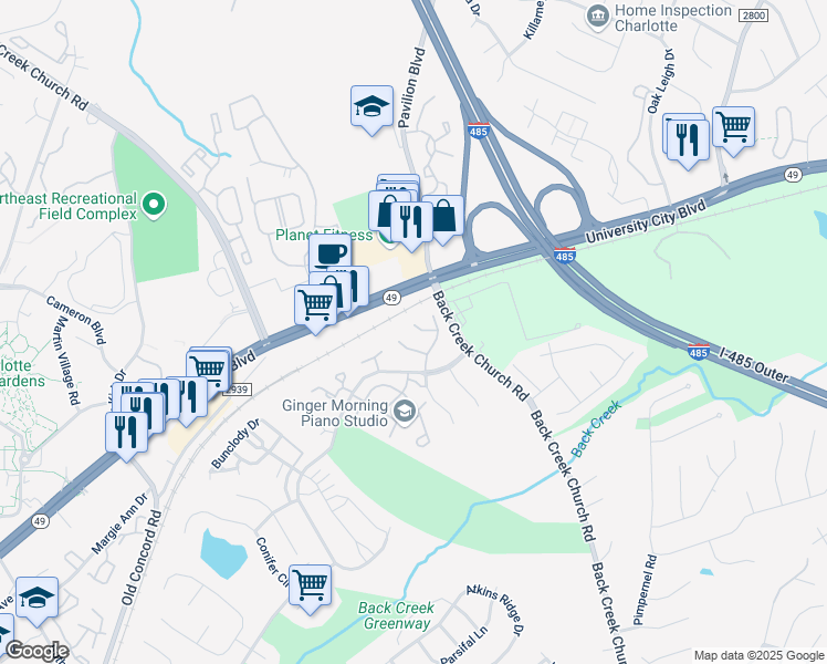 map of restaurants, bars, coffee shops, grocery stores, and more near 8301 Forest Side Lane in Charlotte