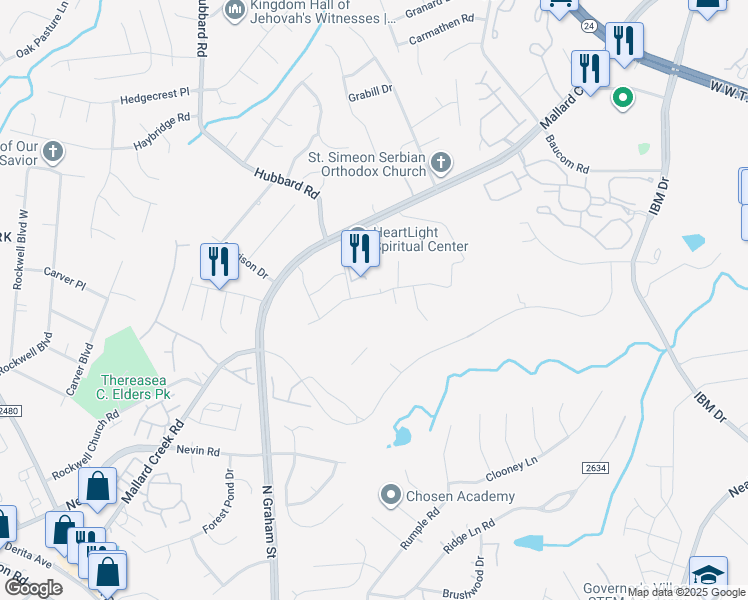 map of restaurants, bars, coffee shops, grocery stores, and more near 2825 Penninger Circle in Charlotte