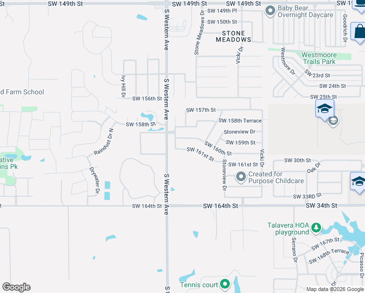 map of restaurants, bars, coffee shops, grocery stores, and more near 816 Southwest 160th Street in Oklahoma City