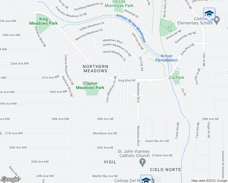 map of restaurants, bars, coffee shops, grocery stores, and more near 718 Pinon Meadows Drive Northeast in Rio Rancho