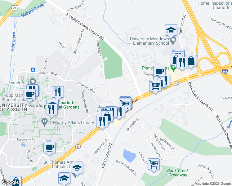 map of restaurants, bars, coffee shops, grocery stores, and more near 11012 Graduate Lane in Charlotte