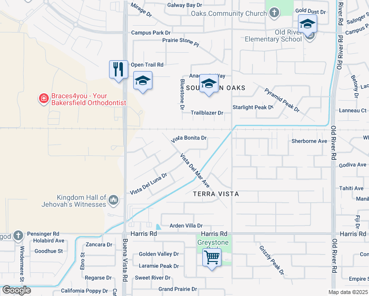 map of restaurants, bars, coffee shops, grocery stores, and more near 10824 Eagle Vista Drive in Bakersfield