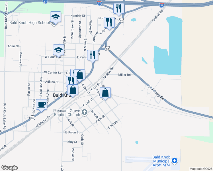 map of restaurants, bars, coffee shops, grocery stores, and more near 601 Walnut Street in Bald Knob