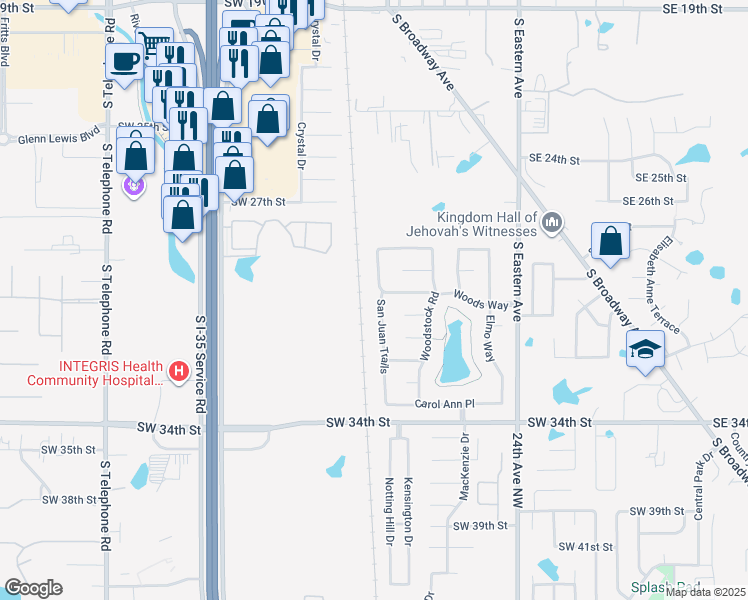 map of restaurants, bars, coffee shops, grocery stores, and more near 3101 San Juan Trails in Moore
