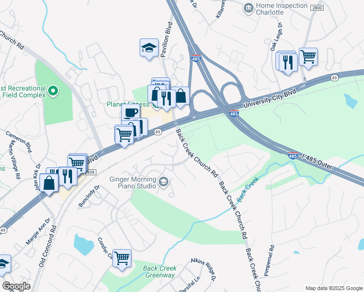 map of restaurants, bars, coffee shops, grocery stores, and more near 1769 Forest Side Lane in Charlotte