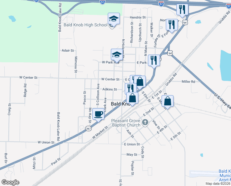 map of restaurants, bars, coffee shops, grocery stores, and more near 108 Adkins Street in Bald Knob