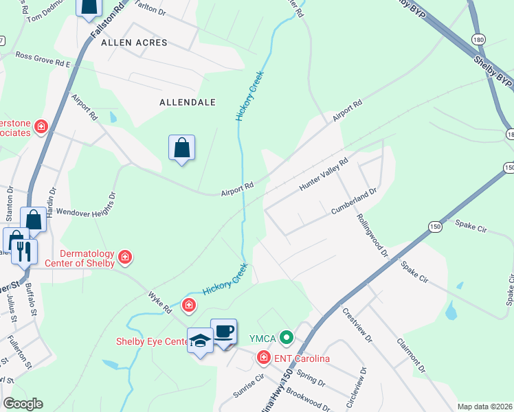 map of restaurants, bars, coffee shops, grocery stores, and more near 1136 Airport Road in Shelby