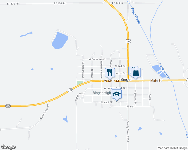 map of restaurants, bars, coffee shops, grocery stores, and more near 406 West Locust Street in Binger