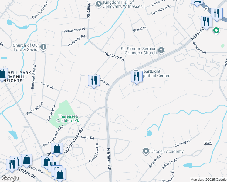 map of restaurants, bars, coffee shops, grocery stores, and more near 7008 Mallard Creek Road in Charlotte