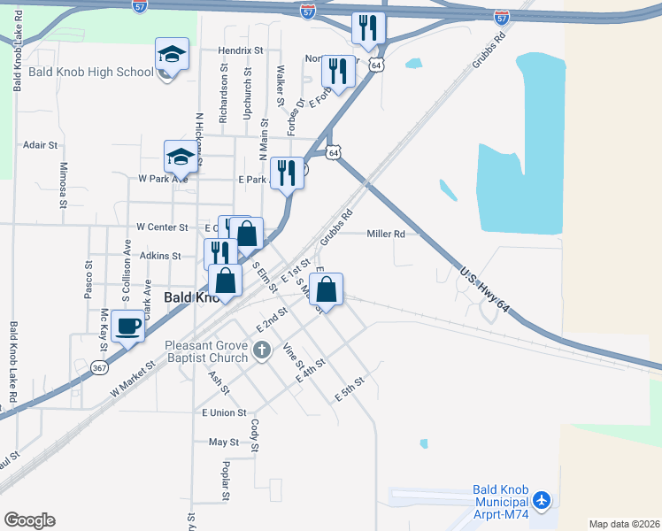 map of restaurants, bars, coffee shops, grocery stores, and more near 601 Walnut Street in Bald Knob