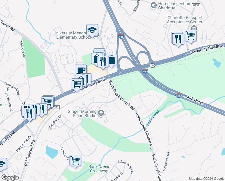 map of restaurants, bars, coffee shops, grocery stores, and more near 1721 Forest Side Lane in Charlotte