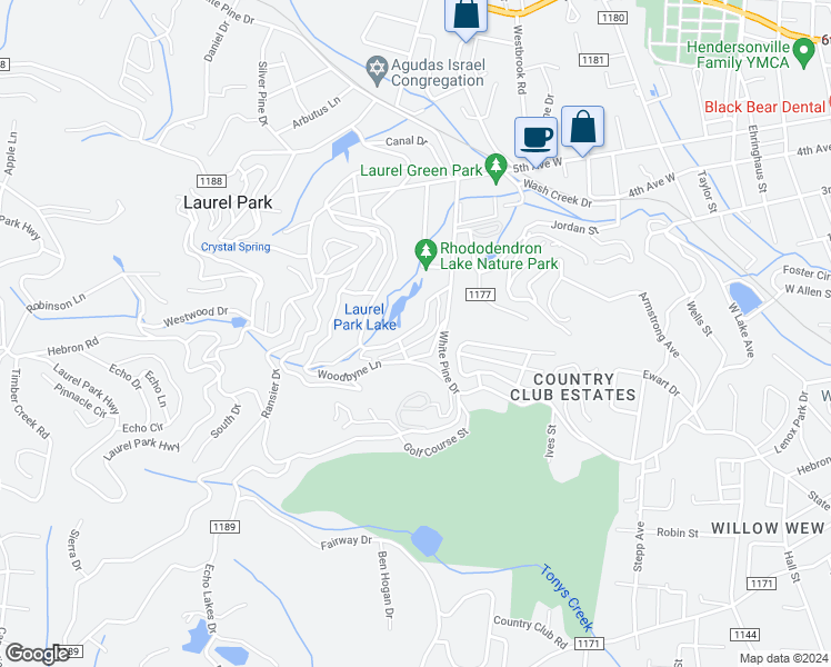 map of restaurants, bars, coffee shops, grocery stores, and more near 30 Lake Drive in Laurel Park