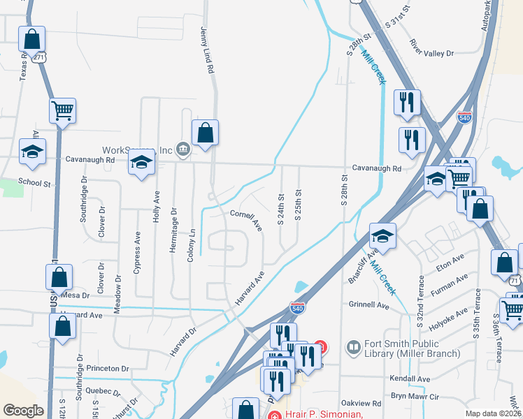 map of restaurants, bars, coffee shops, grocery stores, and more near 205 South 23rd Terrace in Fort Smith