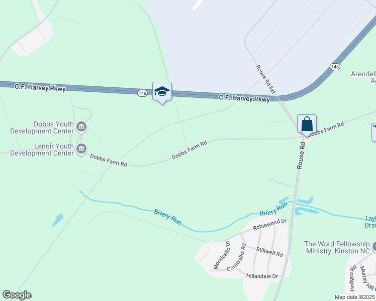 map of restaurants, bars, coffee shops, grocery stores, and more near Dobbs Farm Road in Kinston