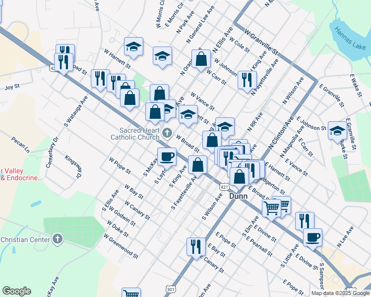 map of restaurants, bars, coffee shops, grocery stores, and more near 309 West Broad Street in Dunn